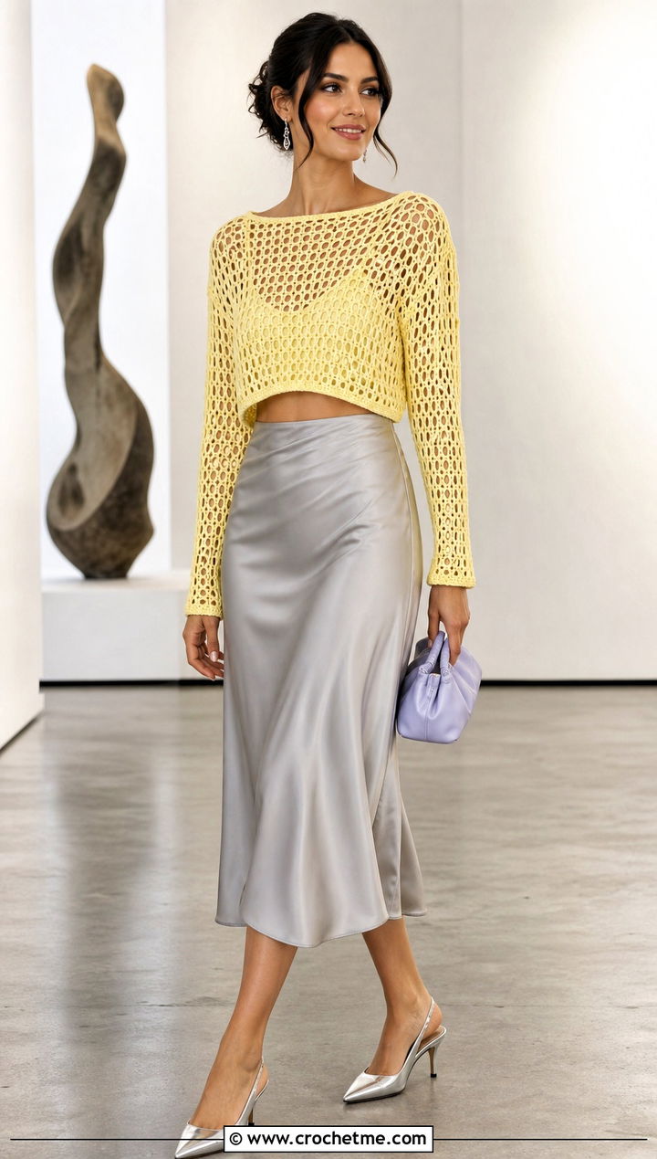 Lemon Yellow Cropped Crochet Sweater With Satin Midi Skirt - 30 Crochet Yellow Sweater outfit ideas