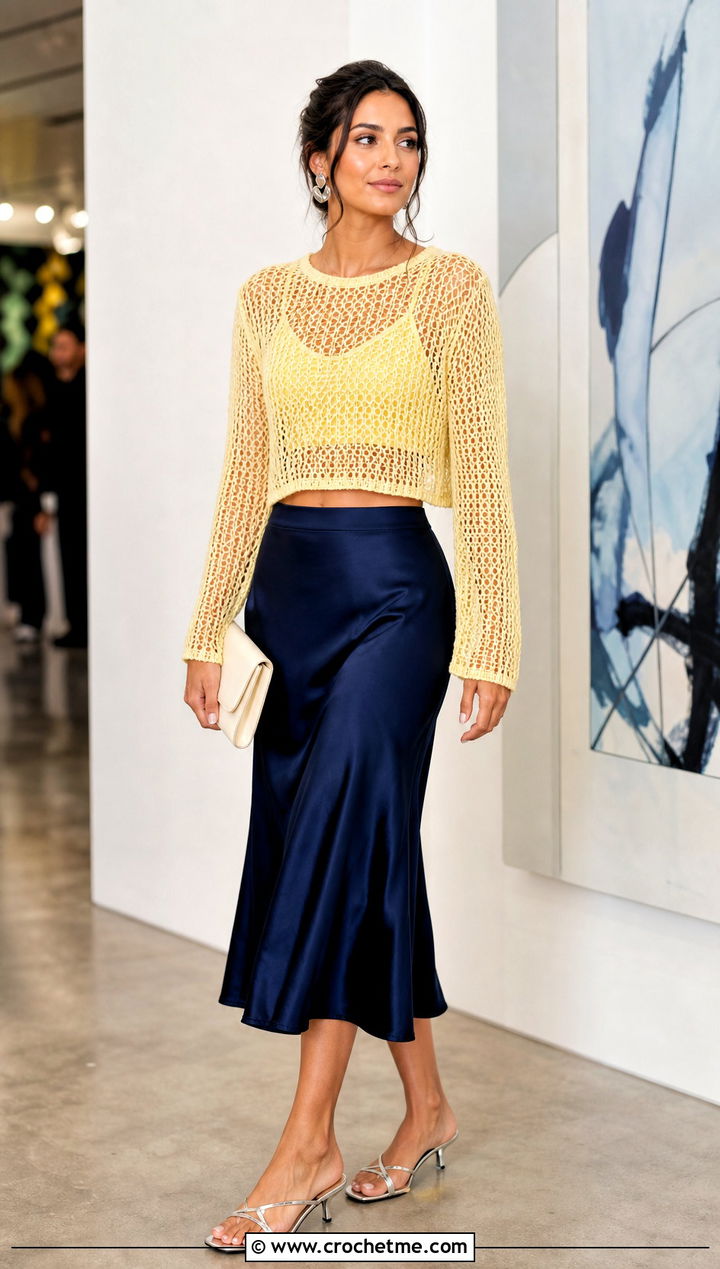 Lemon Yellow Cropped Mesh Crochet Sweater With Satin Midi Skirt - 15 Yellow Lace Crochet Sweater outfit ideas