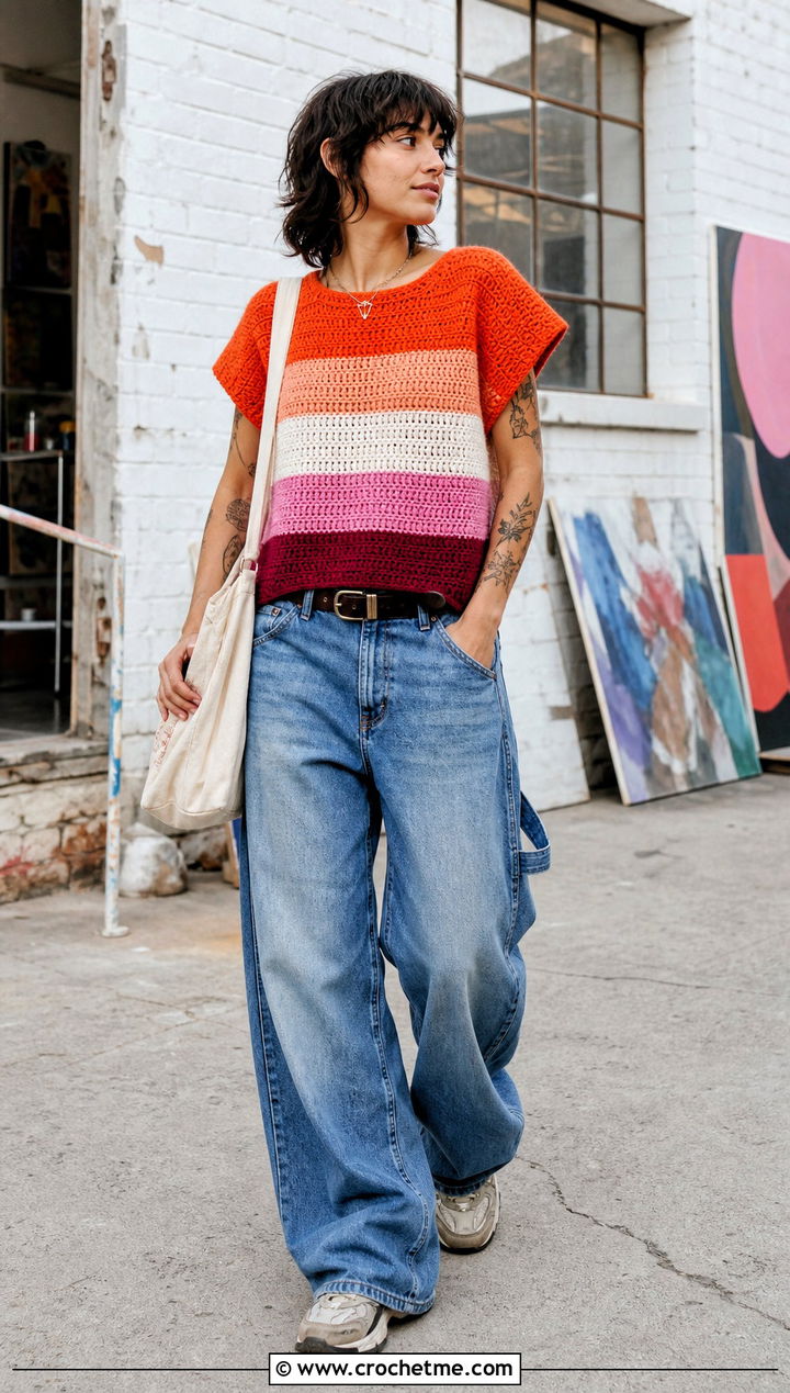 Lesbian Flag Boxy Crochet Tee With Carpenter Jeans - 25 Lesbian Flag Crochet Top outfit ideas