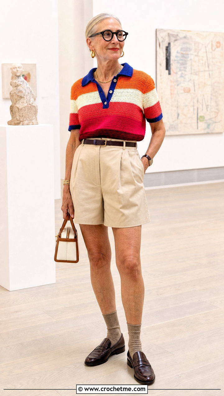 Lesbian Flag Crochet Polo Top With Pleated Shorts - 25 Lesbian Flag Crochet Top outfit ideas