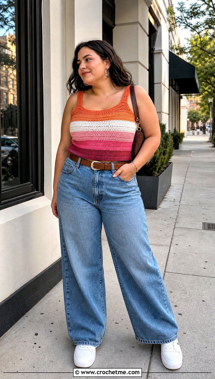 Lesbian Flag Crochet Tank Top With Wide Leg Jeans - 25 Lesbian Flag Crochet Top outfit ideas