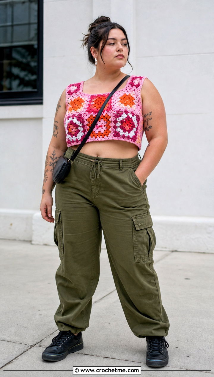 Lesbian Flag Granny Square Crop Top With Cargo Pants - 25 Lesbian Flag Crochet Top outfit ideas