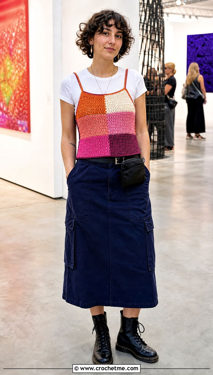 Lesbian Flag Patchwork Crochet Cami With Utility Skirt - 25 Lesbian Flag Crochet Top outfit ideas