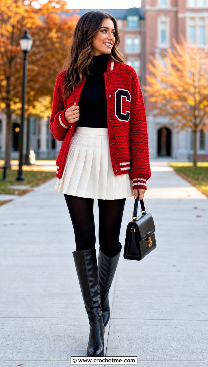 Letter Patch Crochet Varsity Jacket With Pleated Mini Skirt - 35 crochet varsity jacket outfit ideas