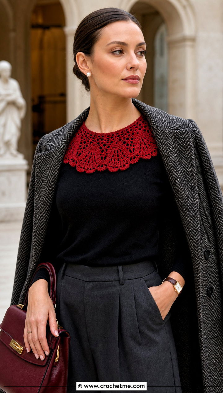 Letterbox Red Fan Stitch Crochet Collar With Old Money Outfit - 15 wednesday addams crochet collar outfit ideas