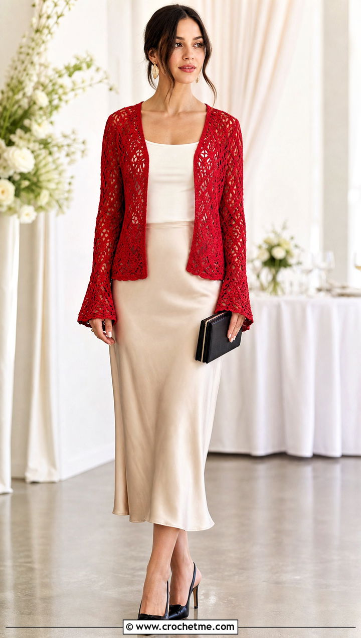 Light Bell Sleeve Crochet Cardigan With Satin Midi Skirt - 25 light crochet cardigan outfit ideas