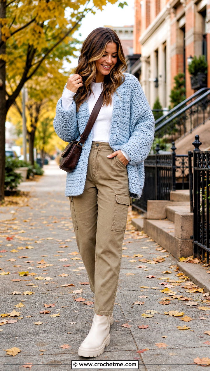 Light Blue Chunky Crochet Cardigan With Cargo Pants - 25 light blue crochet cardigan outfit ideas
