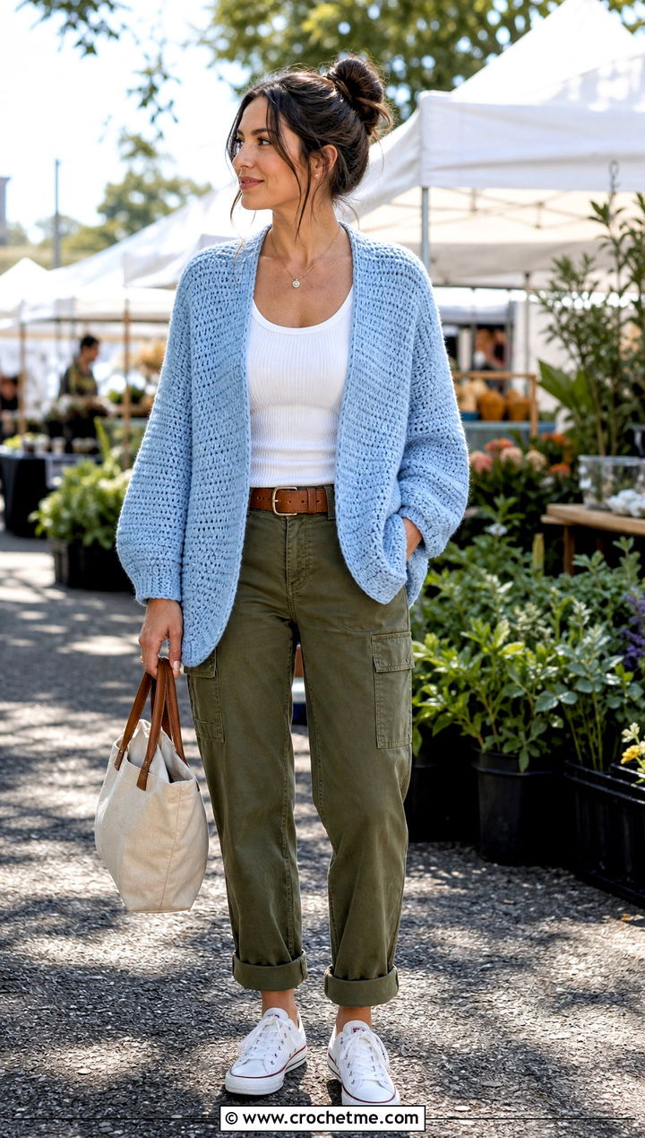 Light Blue Cocoon Crochet Cardigan With Olive Utility Outfit - 25 light blue crochet cardigan outfit ideas