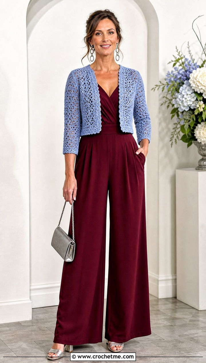 Light Blue Crochet Bolero Cardigan With Burgundy Jumpsuit - 25 light blue crochet cardigan outfit ideas