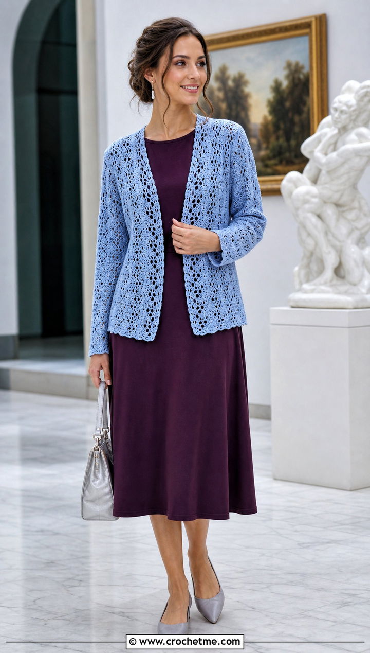 Light Blue Lace Stitch Crochet Cardigan With Plum Midi Dress - 25 light blue crochet cardigan outfit ideas