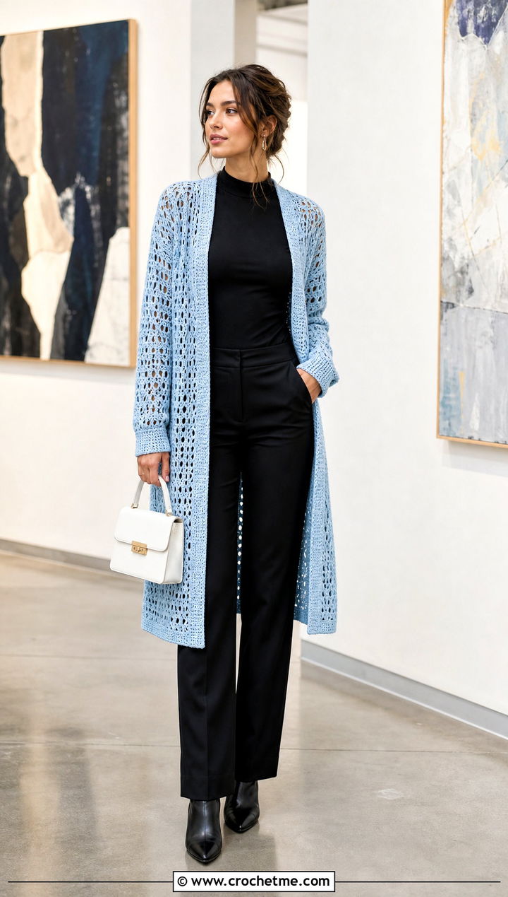 Light Blue Longline Crochet Cardigan With Black Column Outfit - 25 light blue crochet cardigan outfit ideas