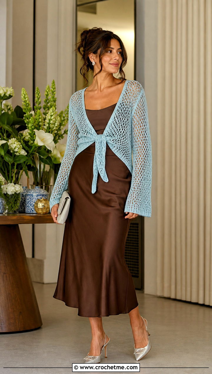 Light Blue Mesh Tie Front Crochet Cardigan With Satin Skirt - 25 light blue crochet cardigan outfit ideas