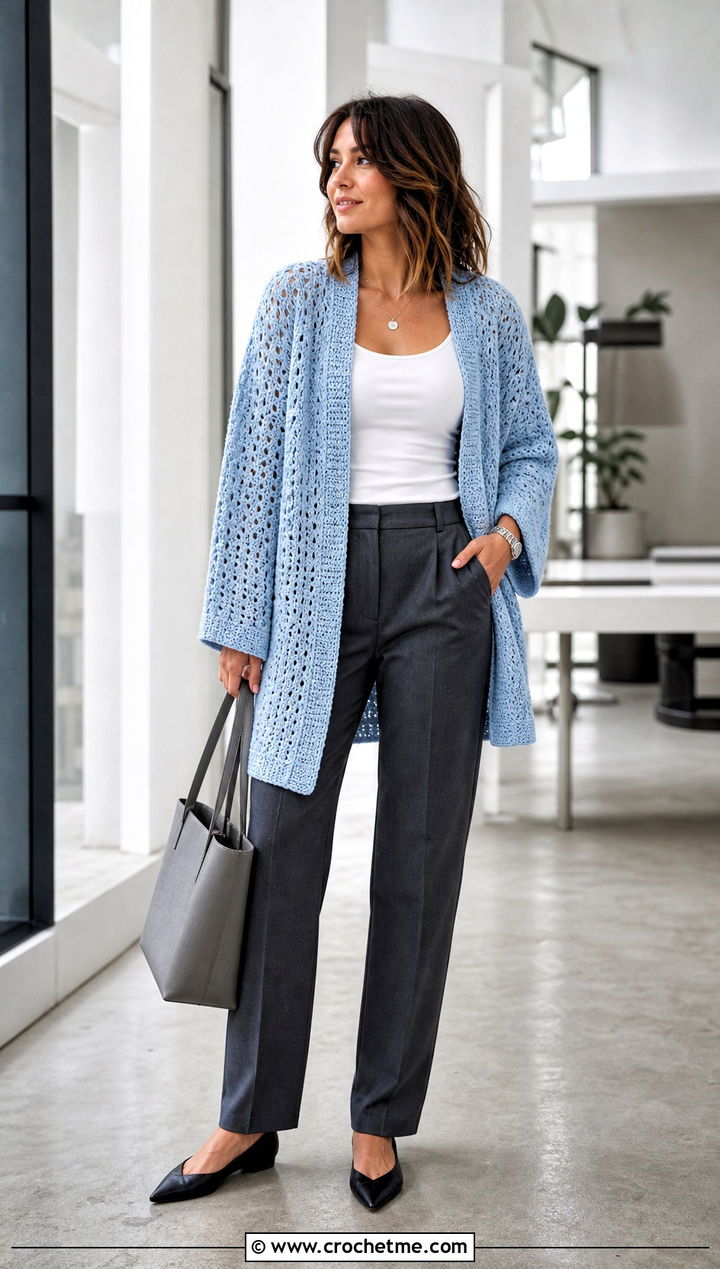 Light Blue Oversized Open Front Crochet Cardigan With Tailored Pants - 25 light blue crochet cardigan outfit ideas