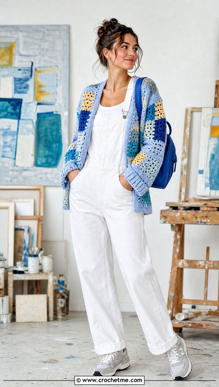 Light Blue Patchwork Crochet Cardigan With White Overalls - 25 light blue crochet cardigan outfit ideas
