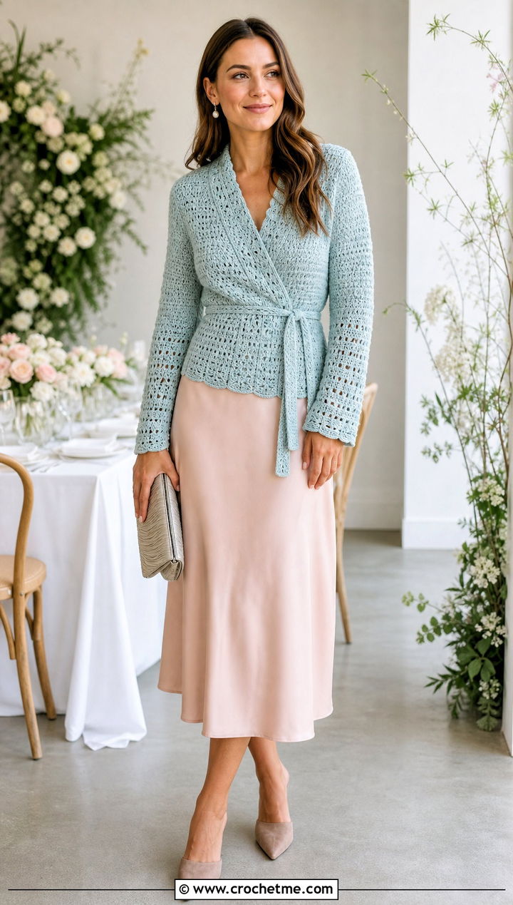 Light Blue Wrap Crochet Cardigan With Blush Slip Skirt - 25 light blue crochet cardigan outfit ideas