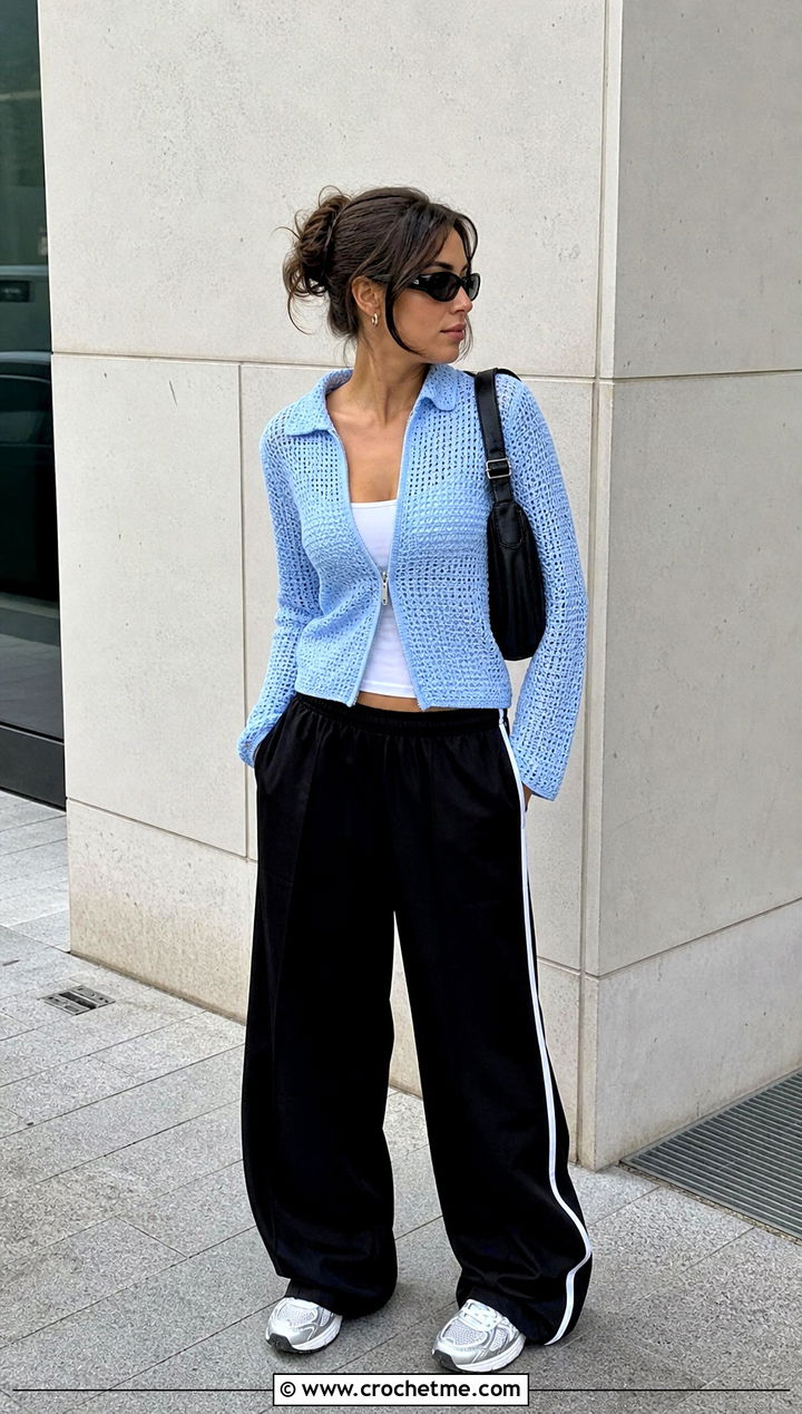 Light Blue Zip Front Crochet Cardigan With Track Pants - 25 light blue crochet cardigan outfit ideas