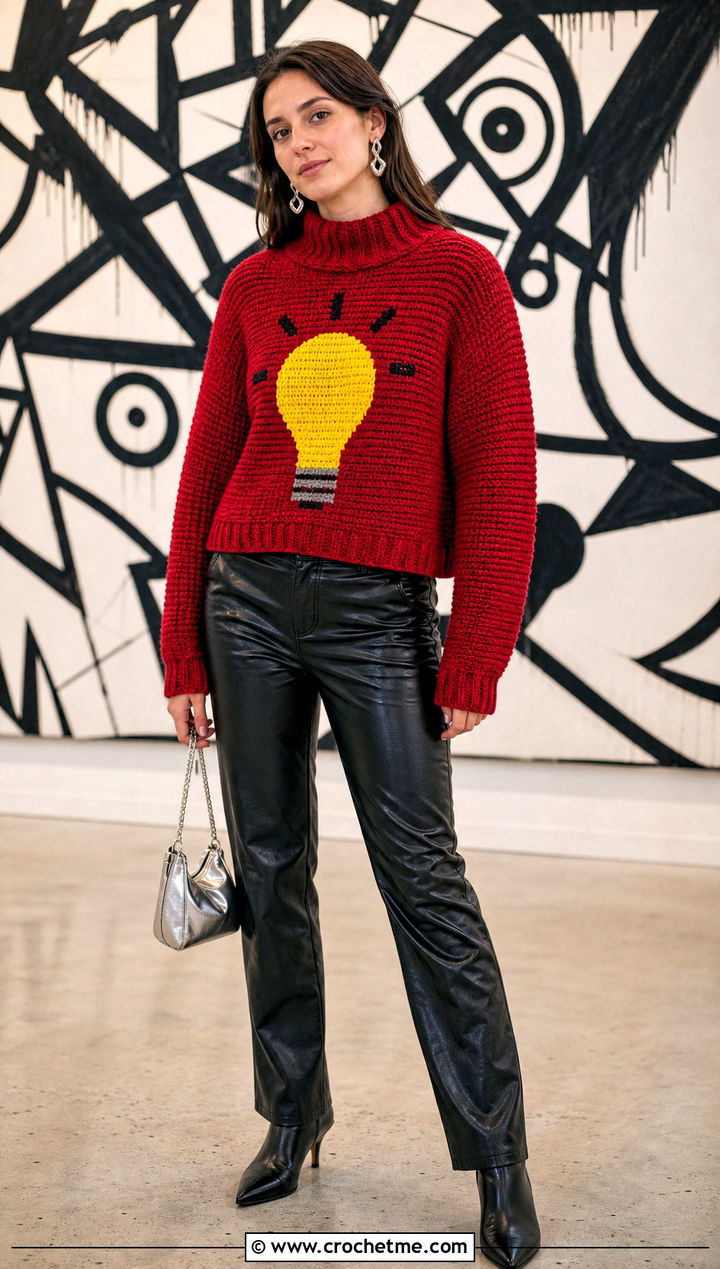 Light Bulb Crochet Mabel Pines Sweater With Leather Pants - 15 Crochet Mable Pines Sweater outfit ideas