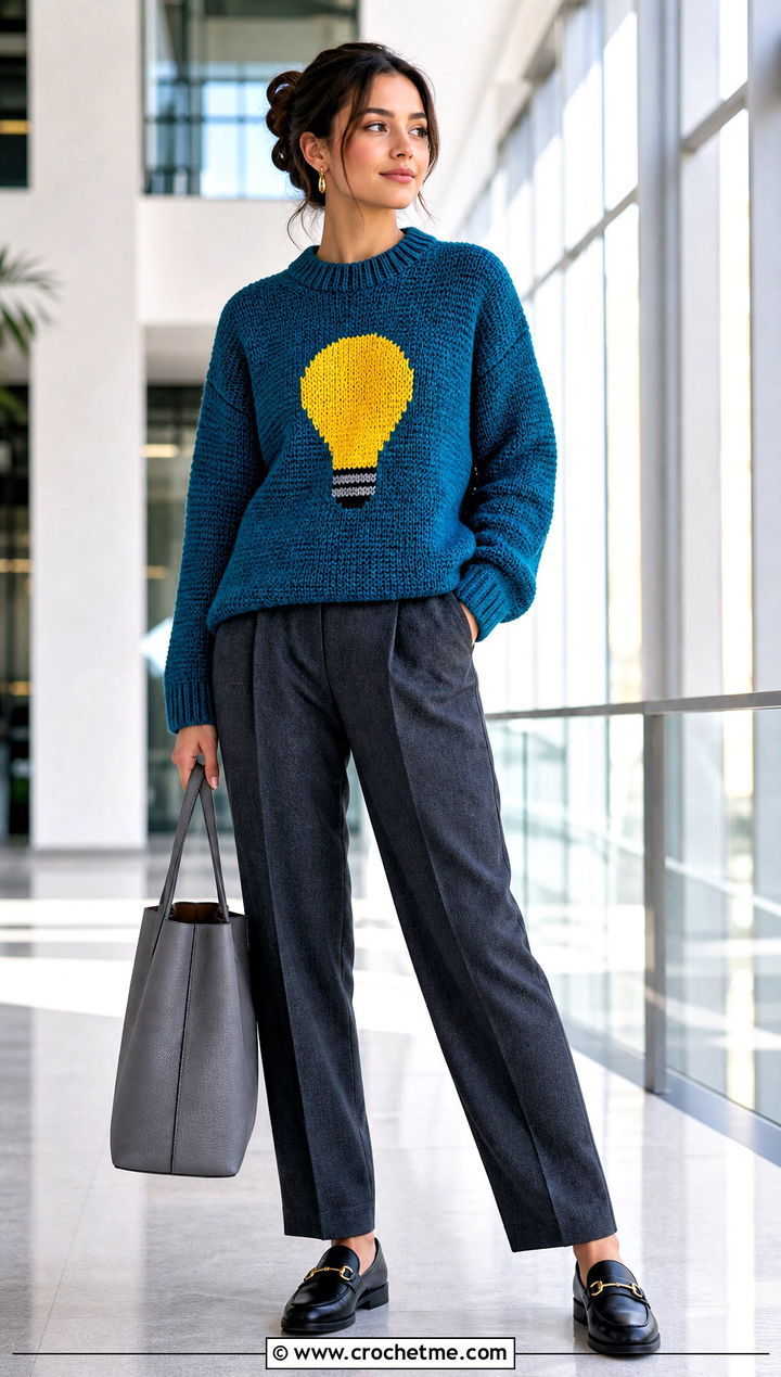 Light Bulb Crochet Mabel Pines Sweater With Tailored Trousers - 30 crochet mabel pines sweater outfit ideas