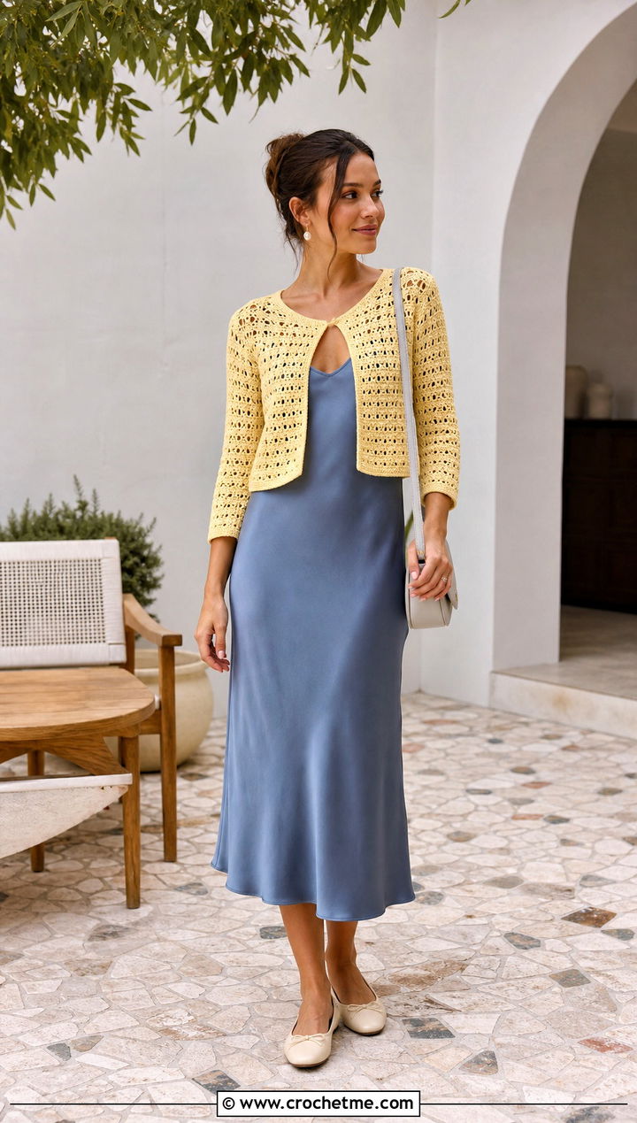 Light Cropped Crochet Cardigan With Slip Dress - 25 light crochet cardigan outfit ideas