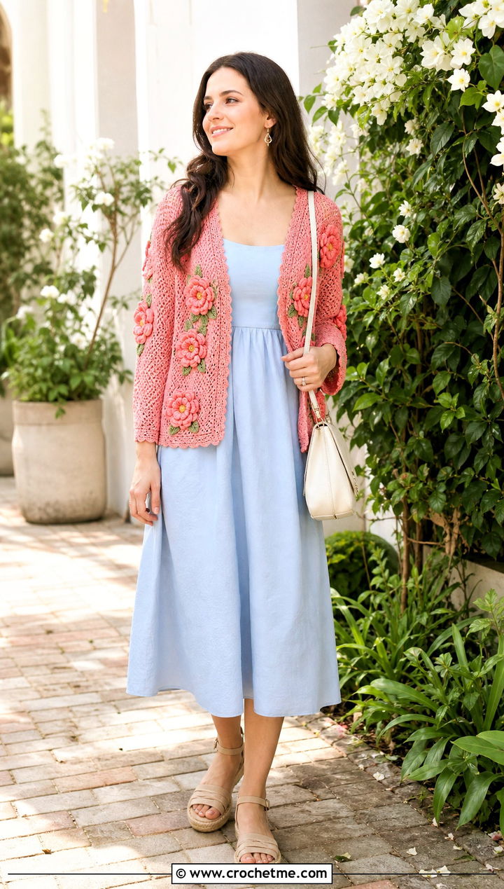 Light Floral Applique Crochet Cardigan With Sundress - 25 light crochet cardigan outfit ideas