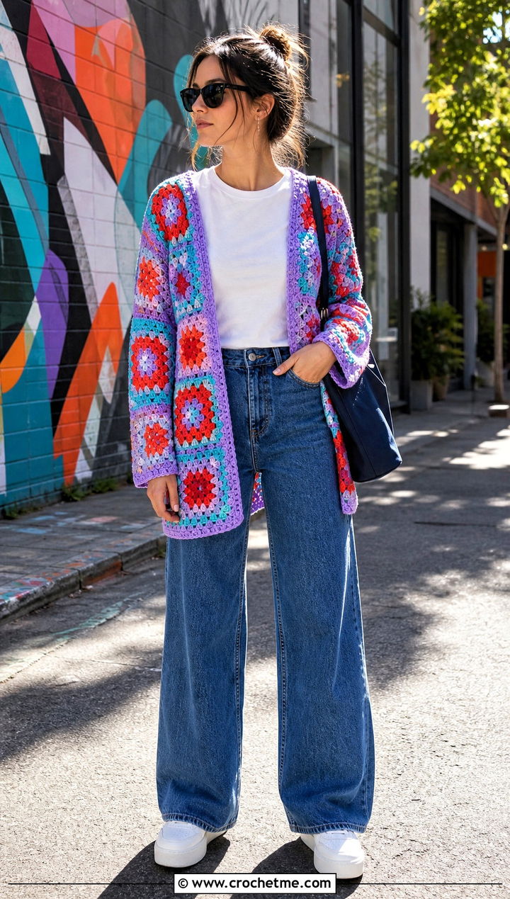 Light Granny Square Crochet Cardigan With Wide Leg Jeans - 25 light crochet cardigan outfit ideas