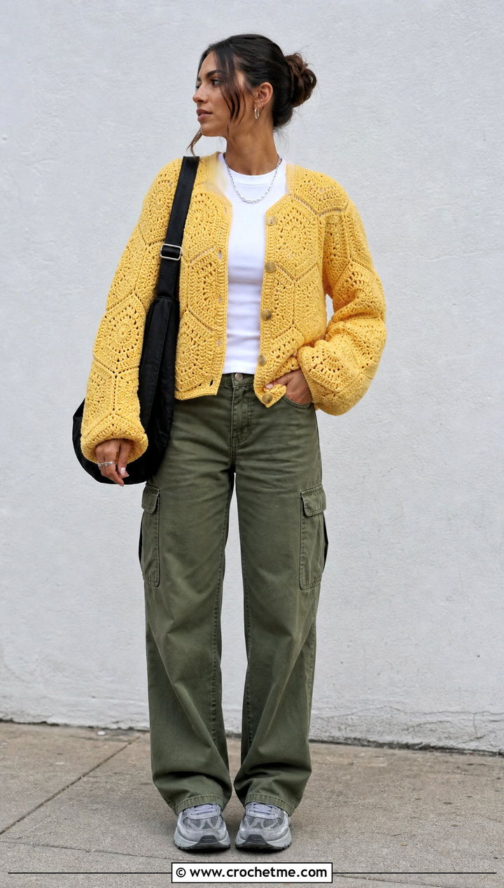 Light Hexagon Crochet Cardigan With Cargo Pants - 25 light crochet cardigan outfit ideas