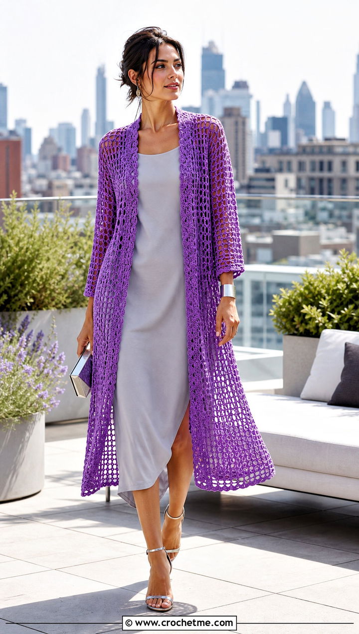 Light Longline Mesh Crochet Cardigan With Column Dress - 25 light crochet cardigan outfit ideas
