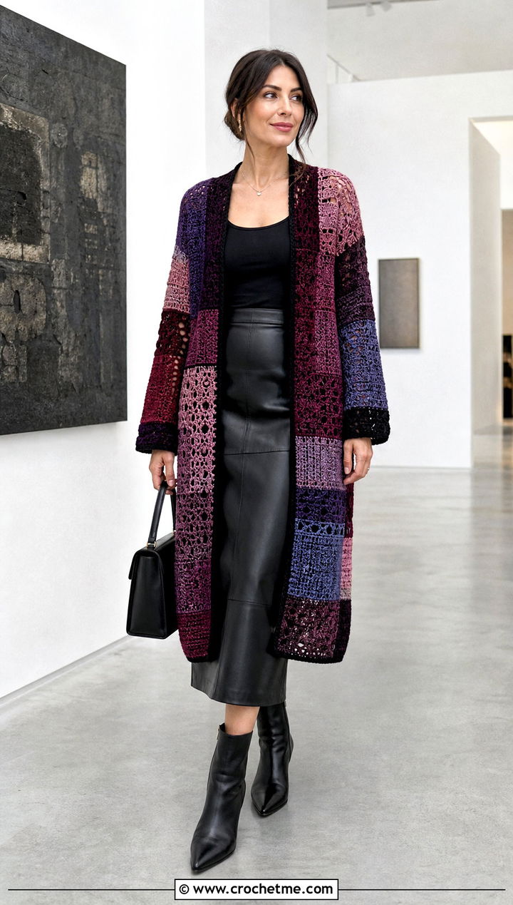Light Patchwork Crochet Cardigan With Leather Skirt - 25 light crochet cardigan outfit ideas