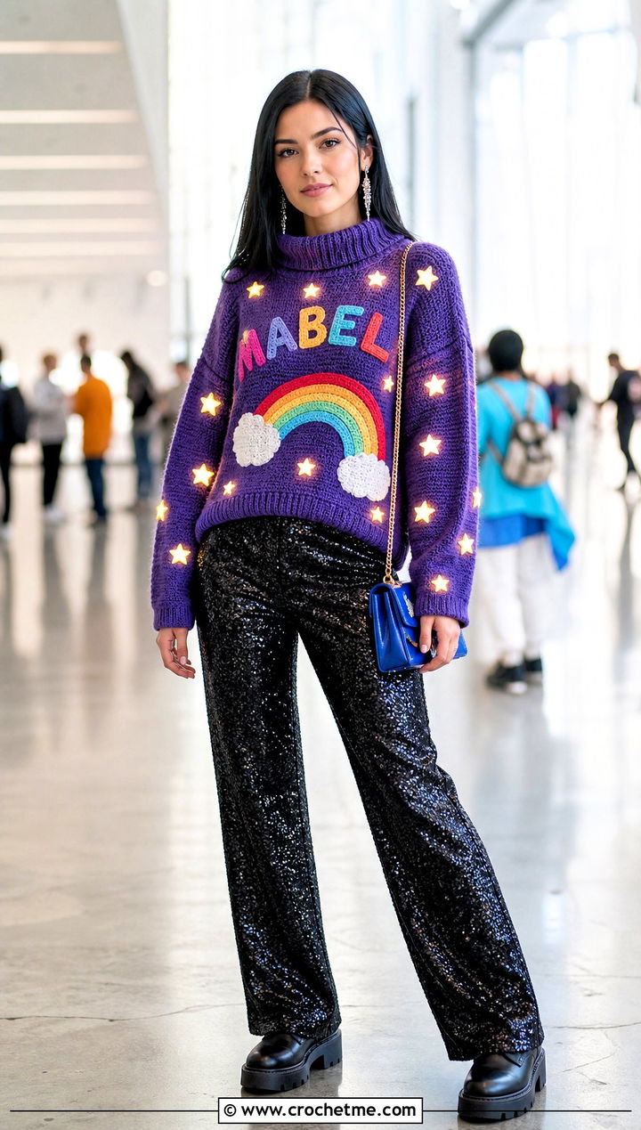 Light Up Name Crochet Mabel Pines Sweater With Sequin Pants - 30 crochet mabel pines sweater outfit ideas