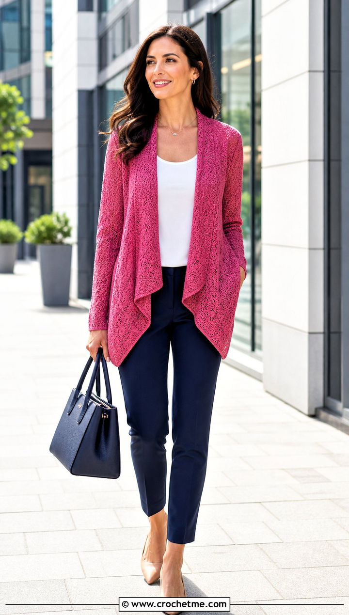 Light Waterfall Crochet Cardigan With Cigarette Pants - 25 light crochet cardigan outfit ideas