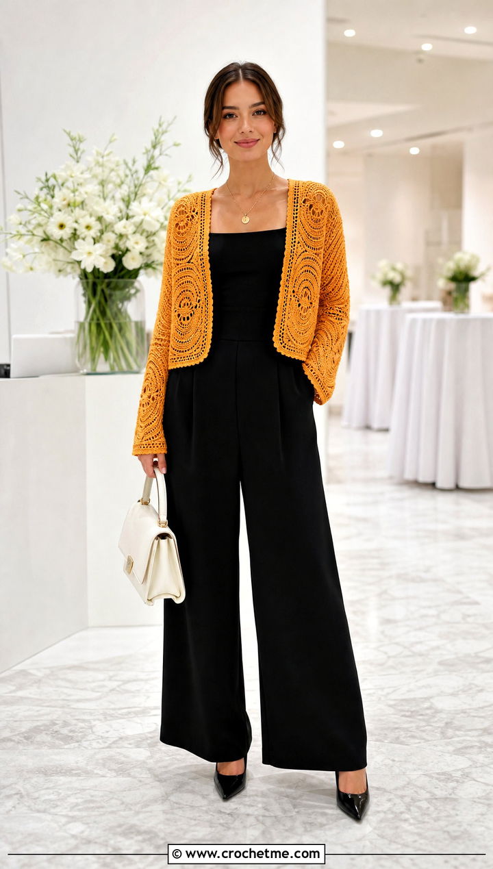 Lightly Toasted Crochet Cardigan With Black Jumpsuit - 30 lightly toasted crochet cardigan outfit ideas