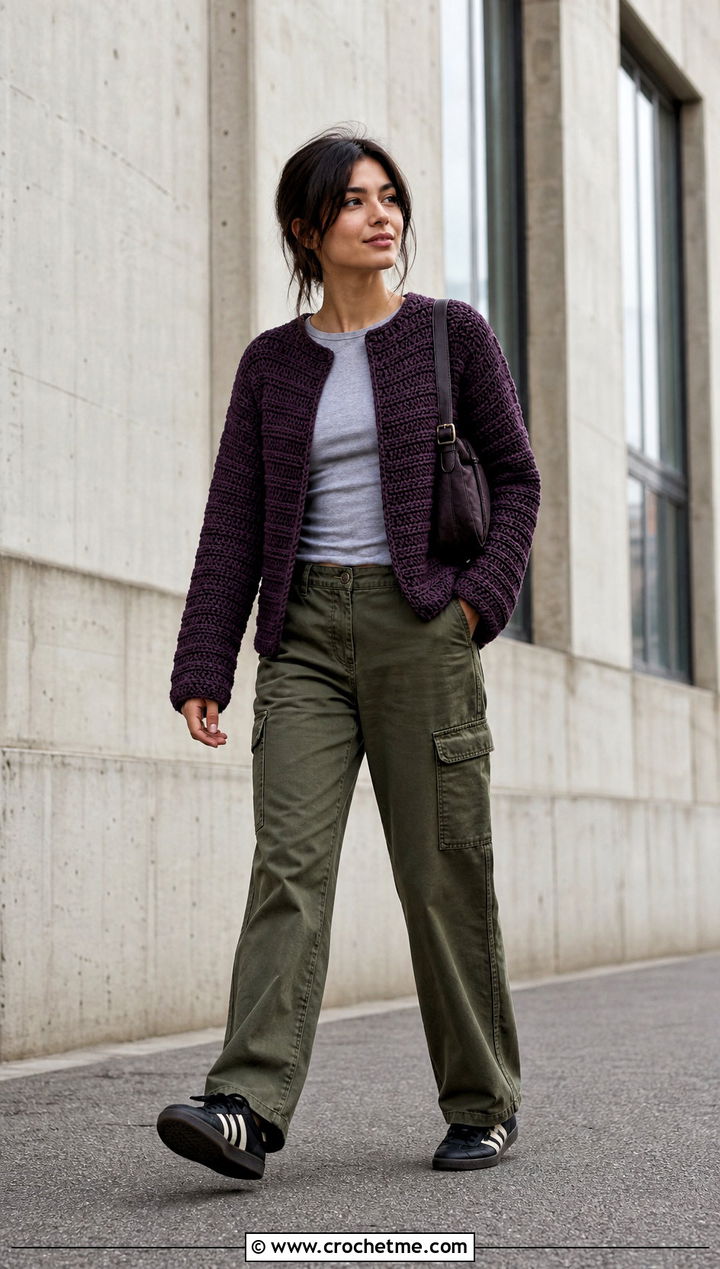 Lightly Toasted Crochet Cardigan With Cargo Pants - 30 lightly toasted crochet cardigan outfit ideas