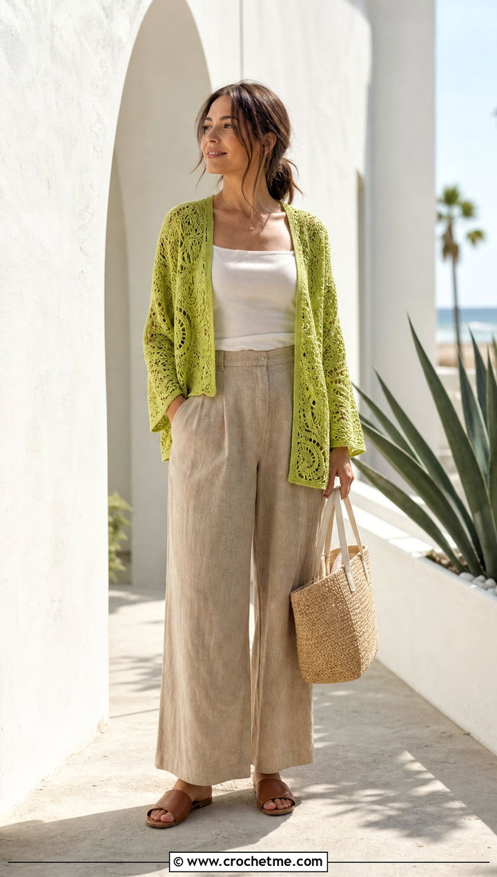 Lightly Toasted Crochet Cardigan With Linen Pants - 30 lightly toasted crochet cardigan outfit ideas