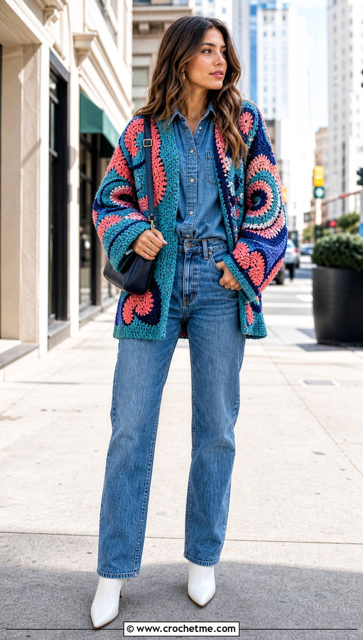 Lightly Toasted Crochet Cardigan With Matching Denim Set - 30 lightly toasted crochet cardigan outfit ideas