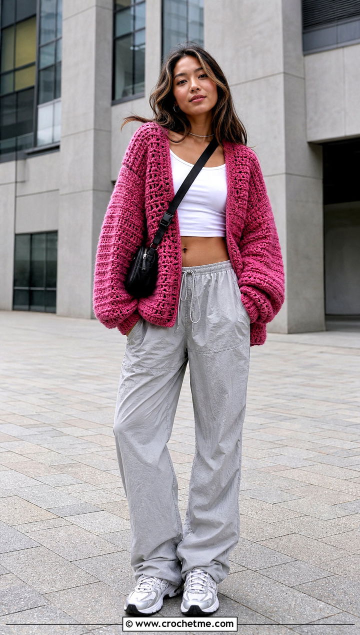 Lightly Toasted Crochet Cardigan With Parachute Pants - 30 lightly toasted crochet cardigan outfit ideas