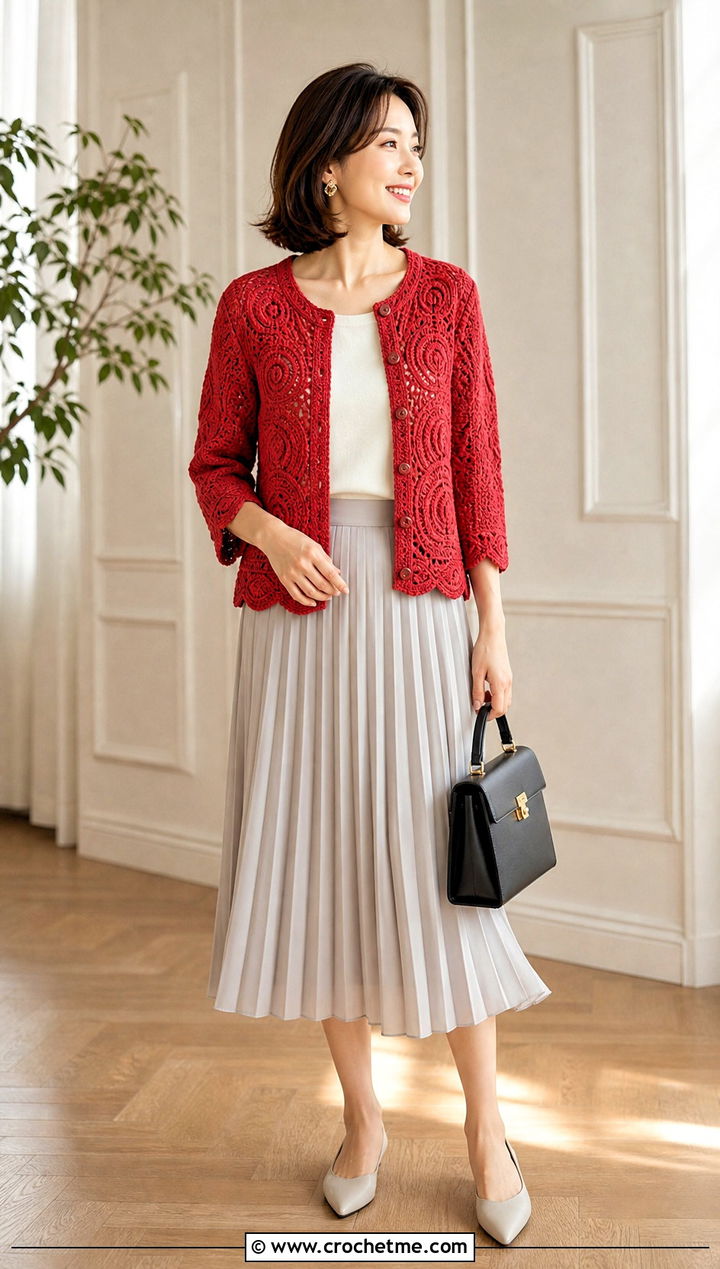 Lightly Toasted Crochet Cardigan With Pleated Midi Skirt - 30 lightly toasted crochet cardigan outfit ideas