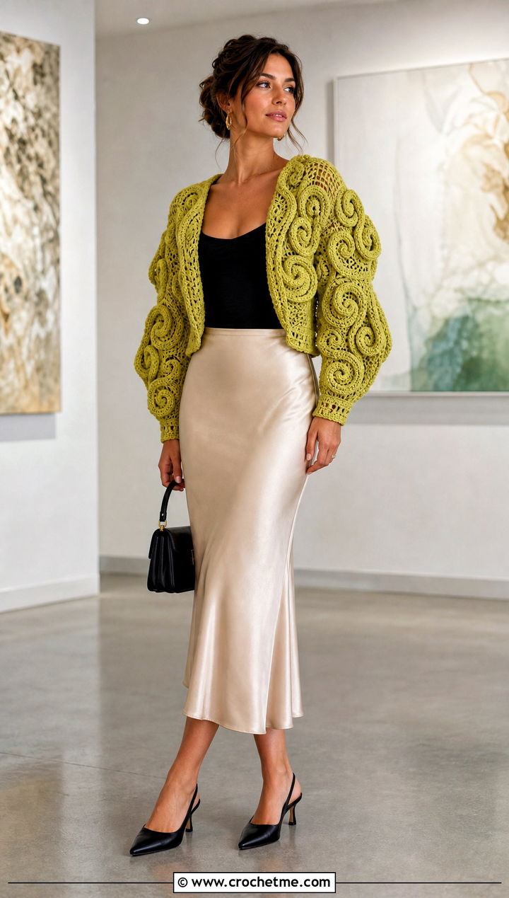 Lightly Toasted Crochet Cardigan With Satin Slip Skirt - 30 lightly toasted crochet cardigan outfit ideas