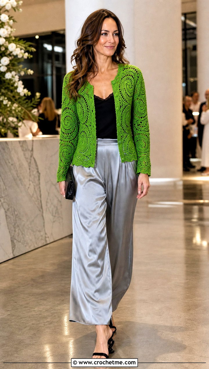 Lightly Toasted Crochet Cardigan With Satin Trousers - 30 lightly toasted crochet cardigan outfit ideas