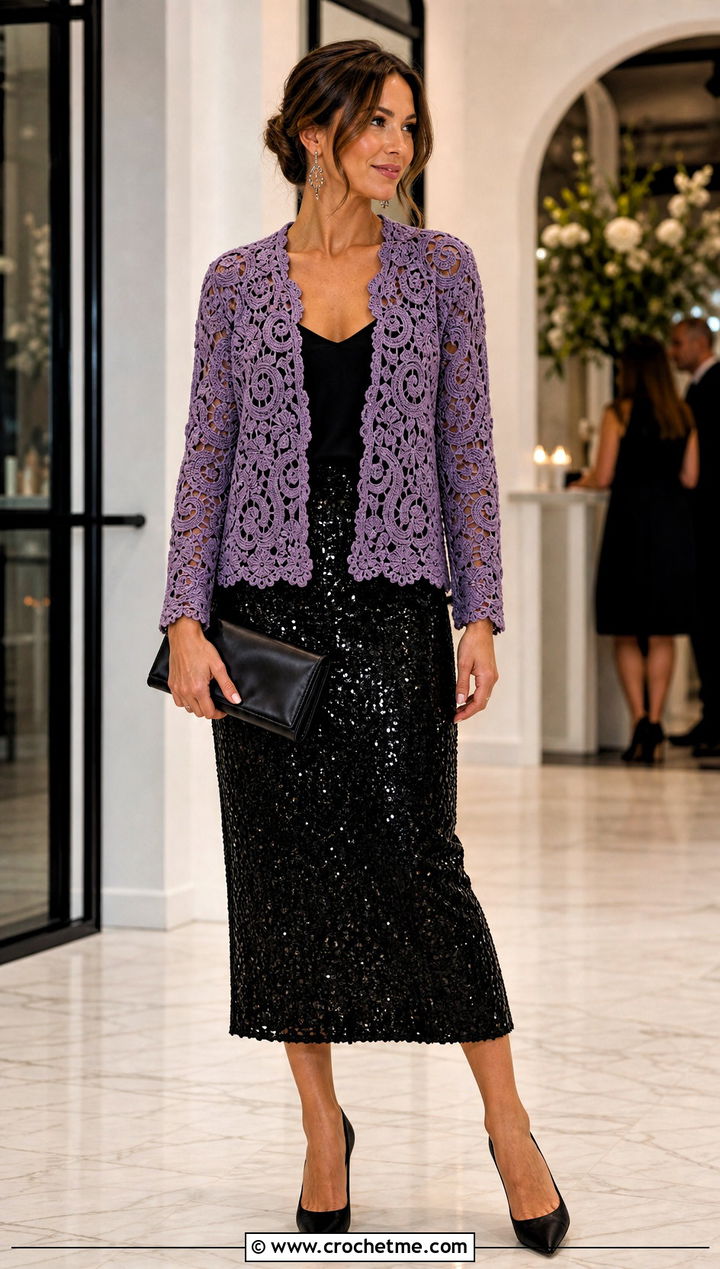 Lightly Toasted Crochet Cardigan With Sequin Skirt - 30 lightly toasted crochet cardigan outfit ideas