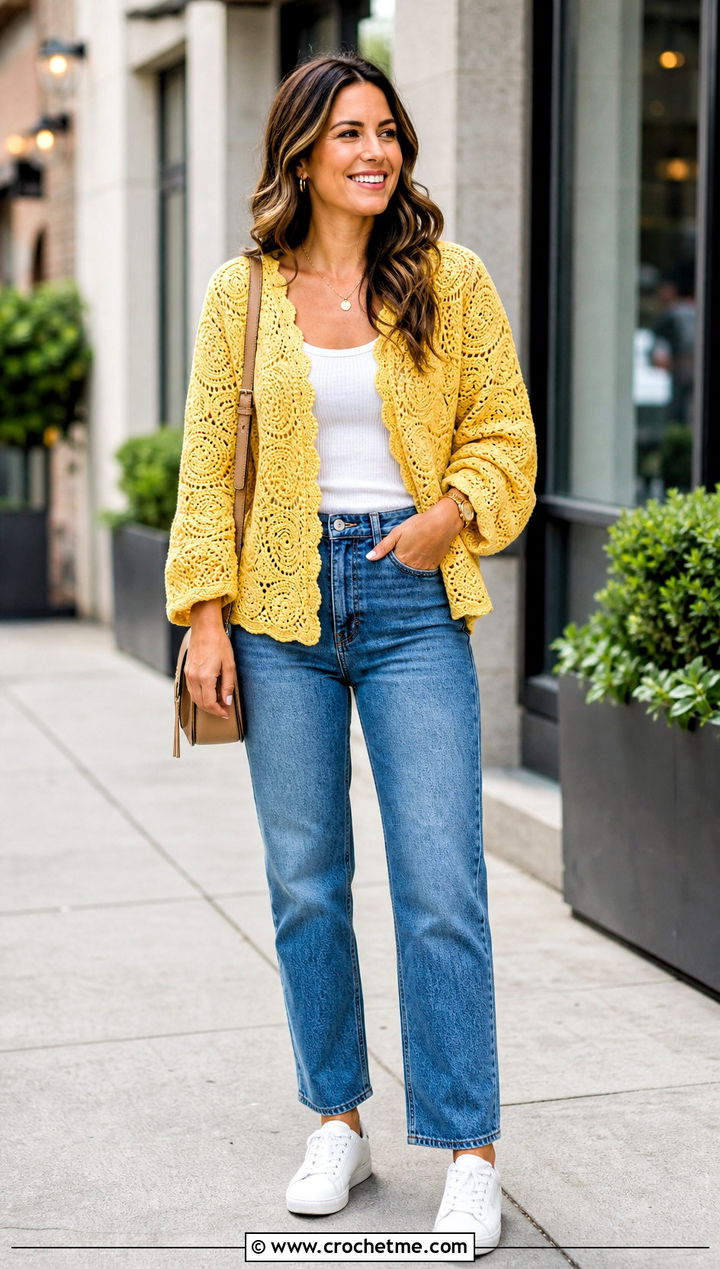 Lightly Toasted Crochet Cardigan With Straight Leg Jeans - 30 lightly toasted crochet cardigan outfit ideas