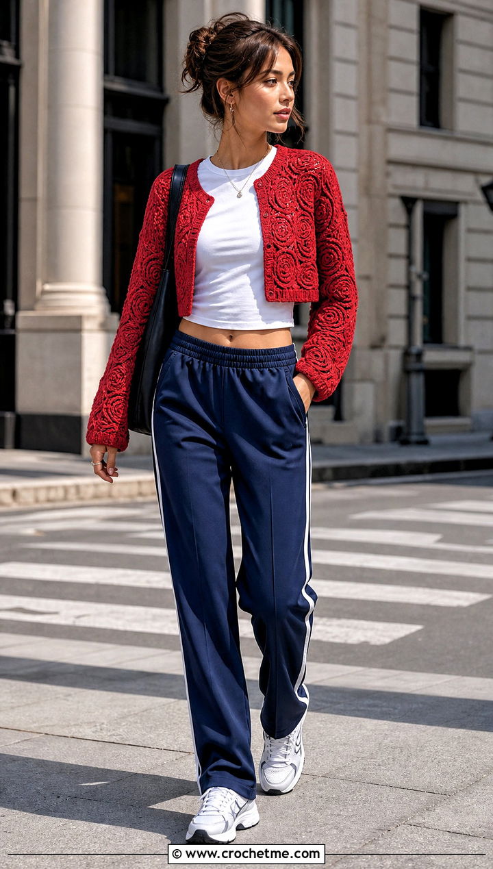 Lightly Toasted Crochet Cardigan With Track Pants - 30 lightly toasted crochet cardigan outfit ideas