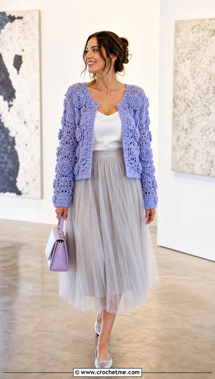 Lightly Toasted Crochet Cardigan With Tulle Midi Skirt - 30 lightly toasted crochet cardigan outfit ideas