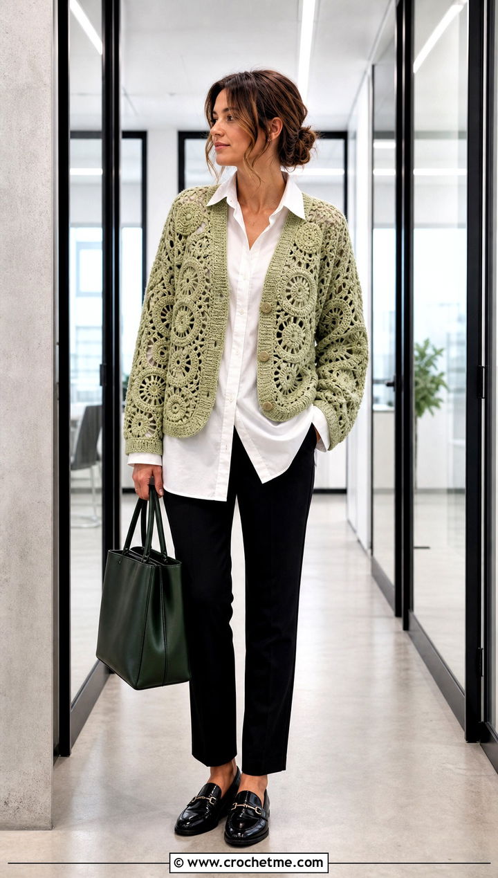 Lightly Toasted Crochet Cardigan With White Button Down Shirt - 30 lightly toasted crochet cardigan outfit ideas