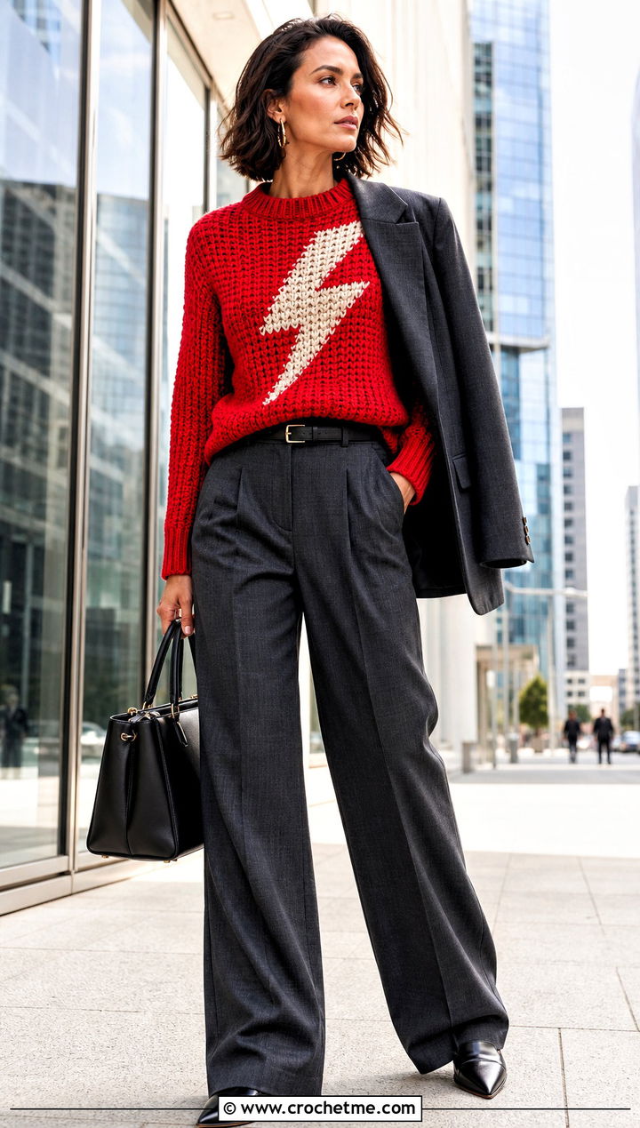 Lightning Bolt Crochet Mabel Sweater With Suit Trousers - 35 crochet mabel sweater outfit ideas