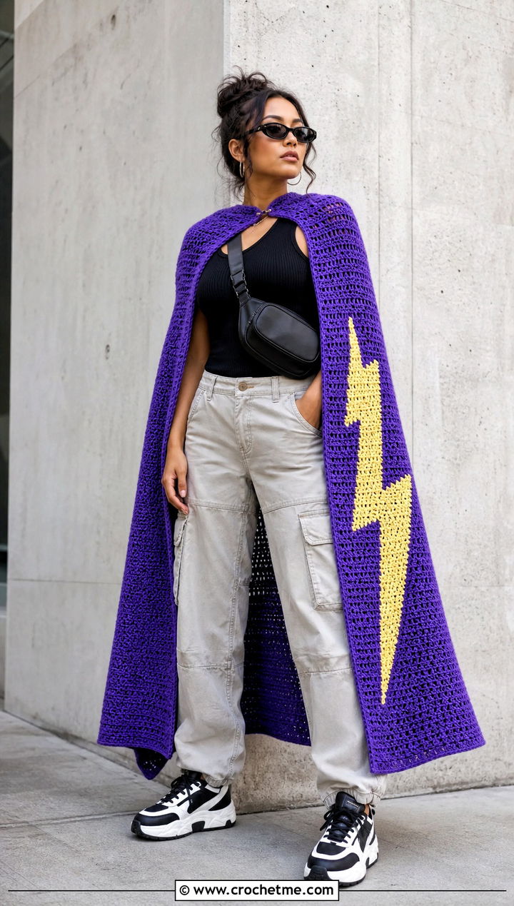 Lightning Bolt Crochet Super Hero Cape With Cargo Pants - 25 Crochet Super Hero Cape outfit ideas