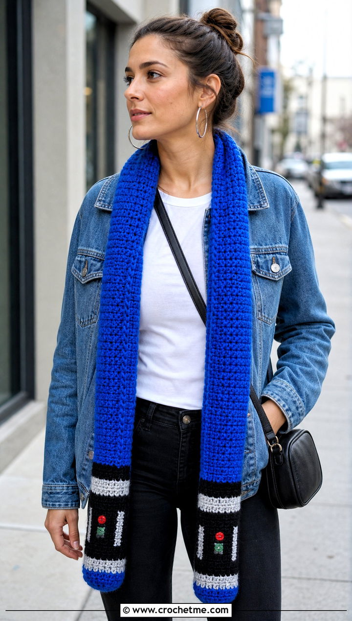 Lightsaber Long Scarf With Denim Jacket - 15 Crochet Star Wars Scarf outfit ideas