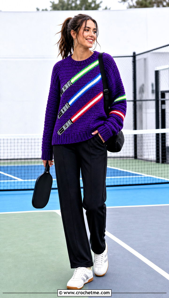 Lightsaber Striped Crochet Sweater With Track Pants - 20 Star Wars Crochet Sweater outfit ideas