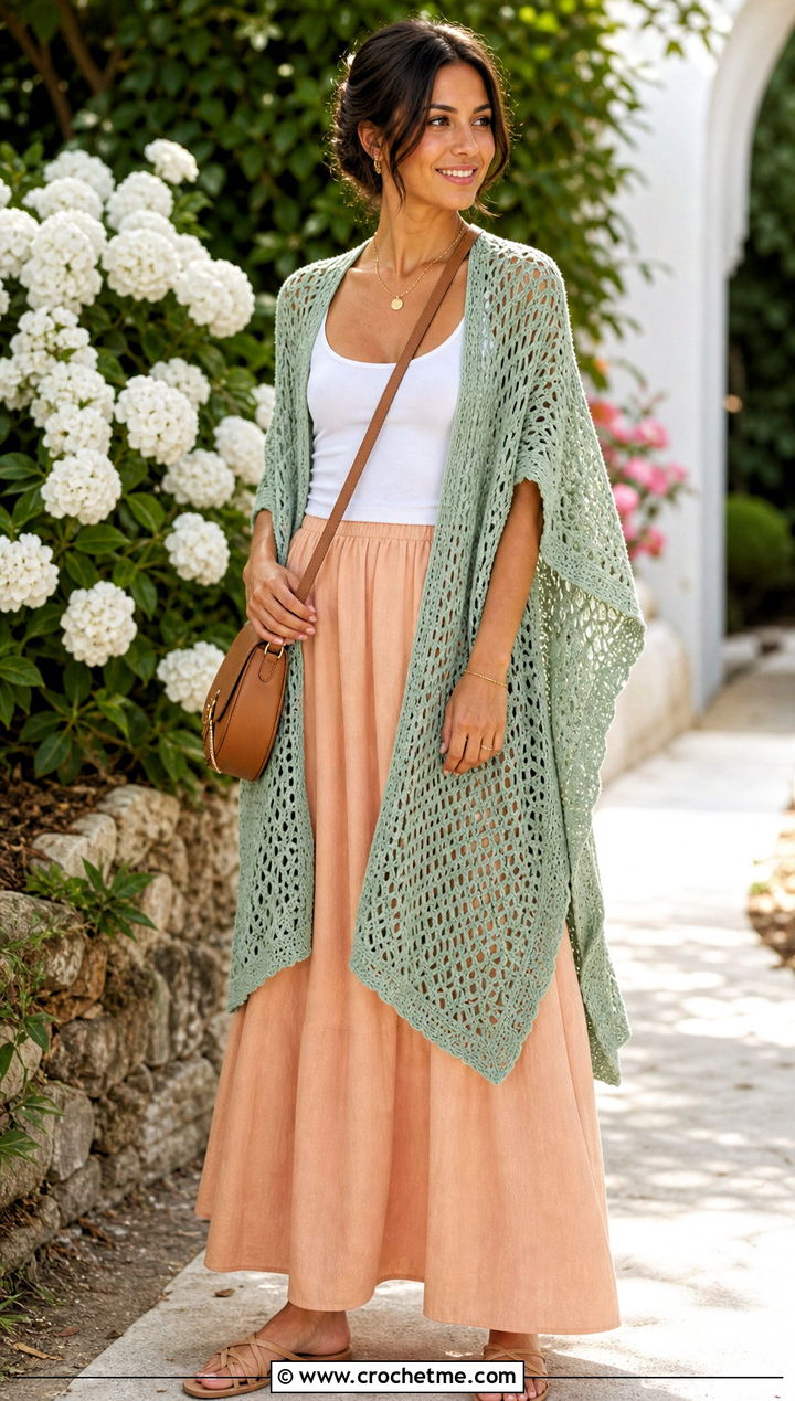 Lightweight Bamboo Crochet Shawl With Maxi Skirt - 25 crochet for shawls outfit ideas