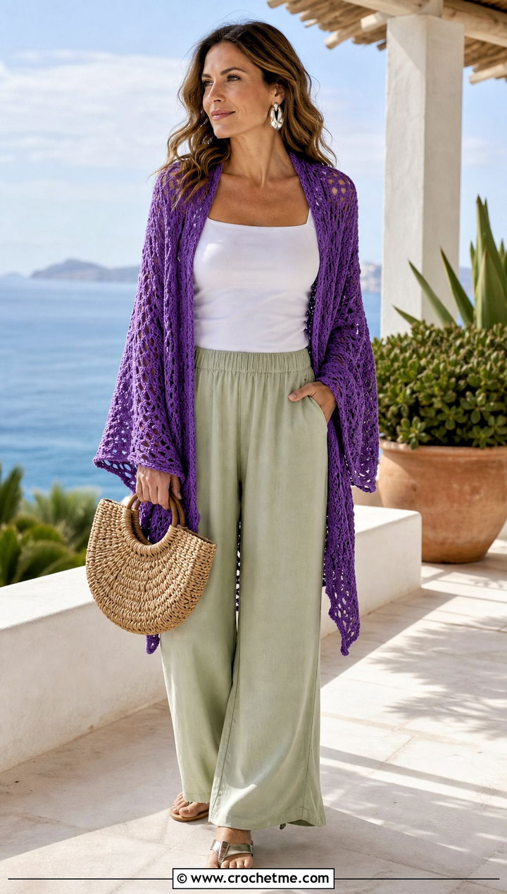 Lightweight Bamboo Crochet Shawl With Palazzo Pants - 30 boho crochet shawl outfit ideas