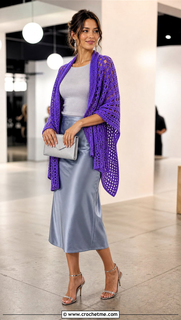 Lightweight Block Stitch Crochet Shawl With A Satin Skirt - 15 Block Stitch Crochet Shawl outfit ideas